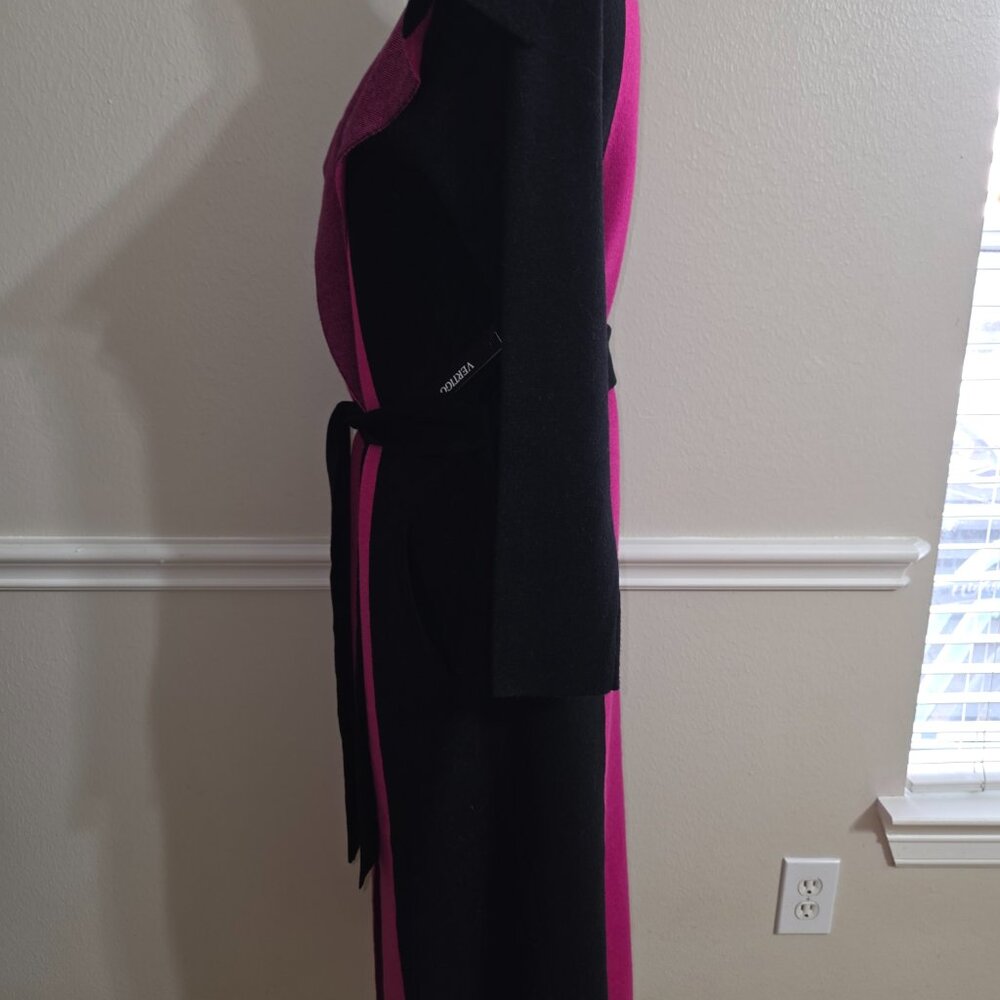 Vertigo Paris Magenta & Black Belted Long Coat Size L – Colorblock Elegant Coat - Picture 4 of 6